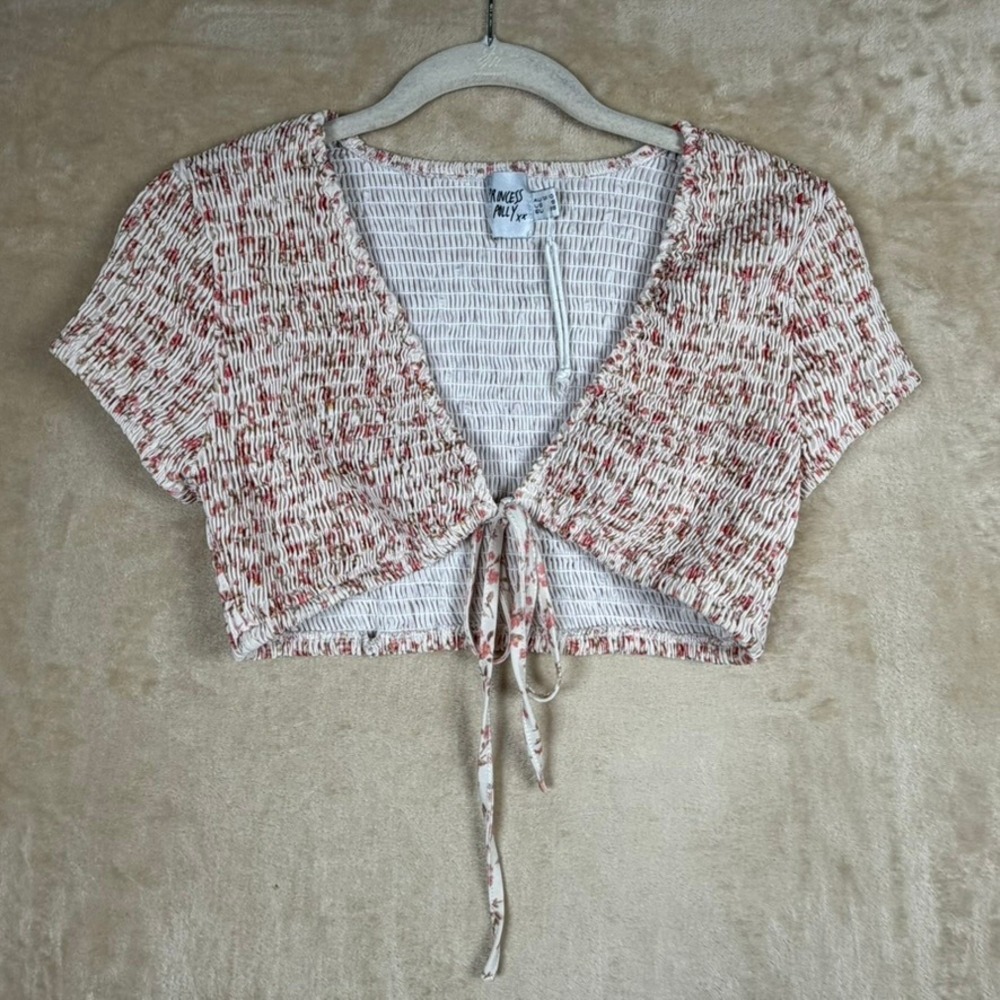 Princess Polly Floral Smocked Tie Front Crop Top White Red Women Size 6 US